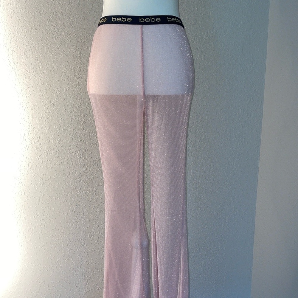 BEBE Sheer Glittery Mesh Logo Coverup Pants SZ M L Pink New With Tags